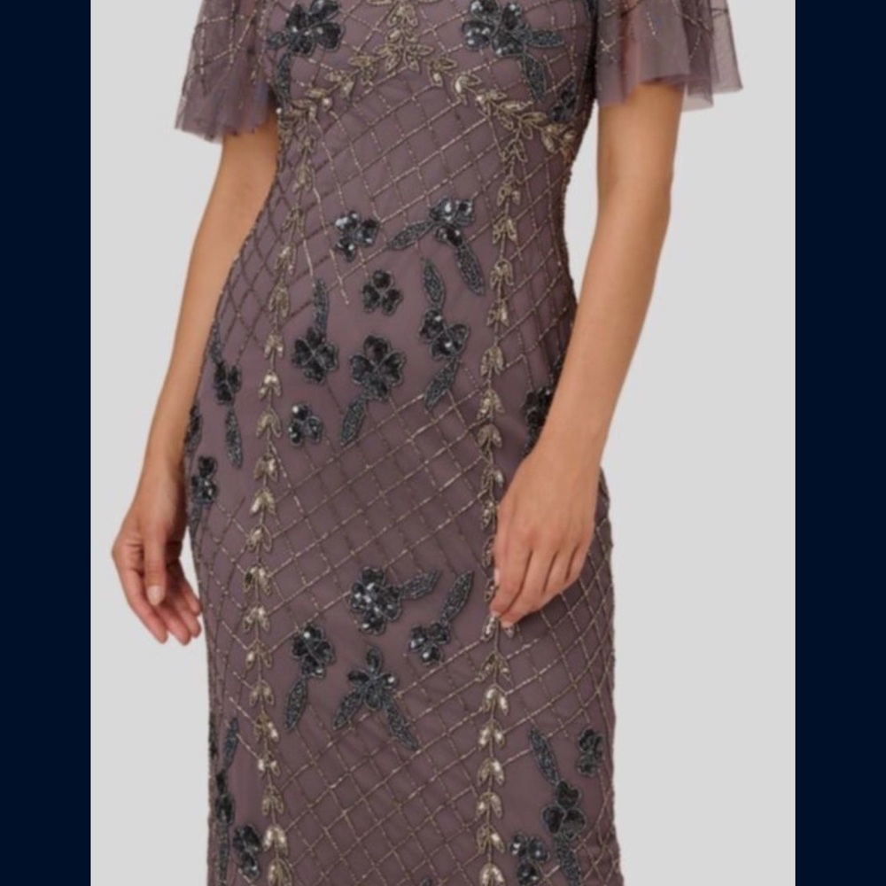 Adrianna Papell Embellished Midi Dress in Gray and Gold